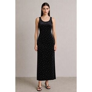 Vintage Studio Black Painted Floral Velvet Midaxi Dress Size M 90s Goth Romantic